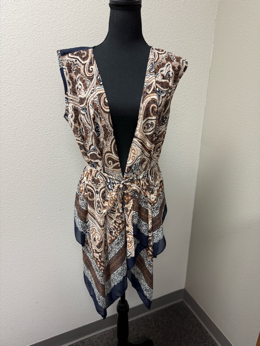 Boho Paisley Sleeveless Kimono Vest Navy Tan Tie Waist Lightweight Chic Top - Picture 2 of 9